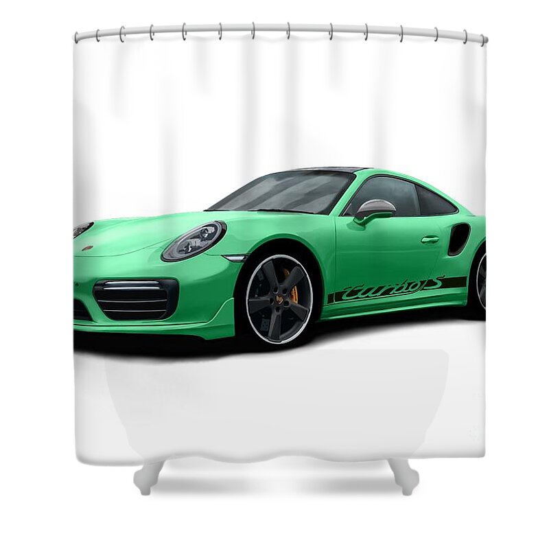Sports Car Shower Curtain featuring the digital art 911 Turbo S Green by Moospeed Art