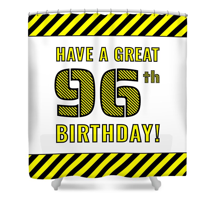 96th Birthday Shower Curtain featuring the digital art 96th Birthday - Attention-Grabbing Yellow and Black Striped Stencil-Style Birthday Number by Aponx Designs
