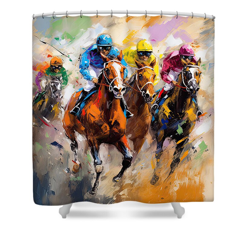 Horse Racing Shower Curtain featuring the painting A Battle of Strength by Lourry Legarde