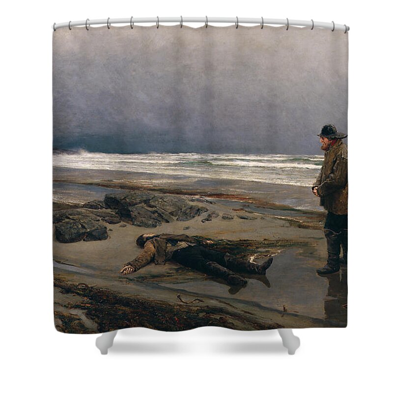 Nicolai Ulftsen Shower Curtain featuring the painting A beach cleaner, 1884 by O Vaering by Nicolai Ultsten
