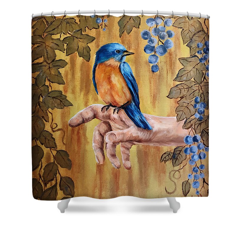 Bird Shower Curtain featuring the painting A Bird in Hand by Barbara Landry