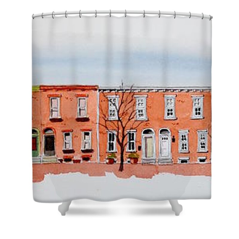 Watercolor Shower Curtain featuring the painting A bit of Scott Street 7x30 by William Renzulli