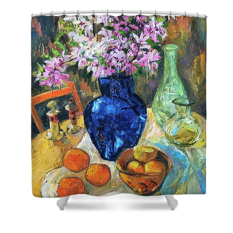 Morning Table &flower Shower Curtain featuring the painting A Bottle Of Sunlight by Jiemin Wang