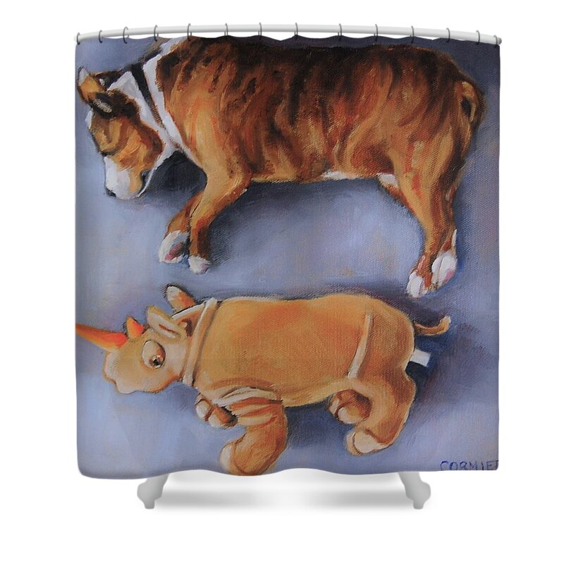 Dog Shower Curtain featuring the painting A Boy And His Toy by Jean Cormier
