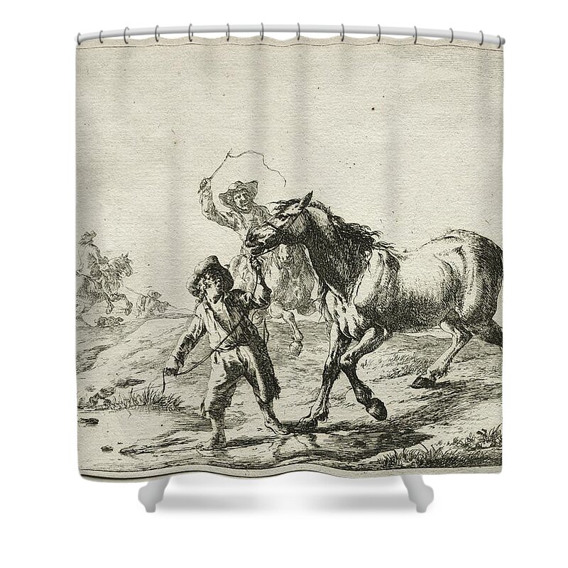 A Boy Taking A Horse To Drink Date Unknown Dirck Stoop Dutch C 1618 To 1681 Shower Curtain featuring the painting A boy taking a horse to drink Date unknown Dirck Stoop Dutch c 1618 to 1681 by MotionAge Designs