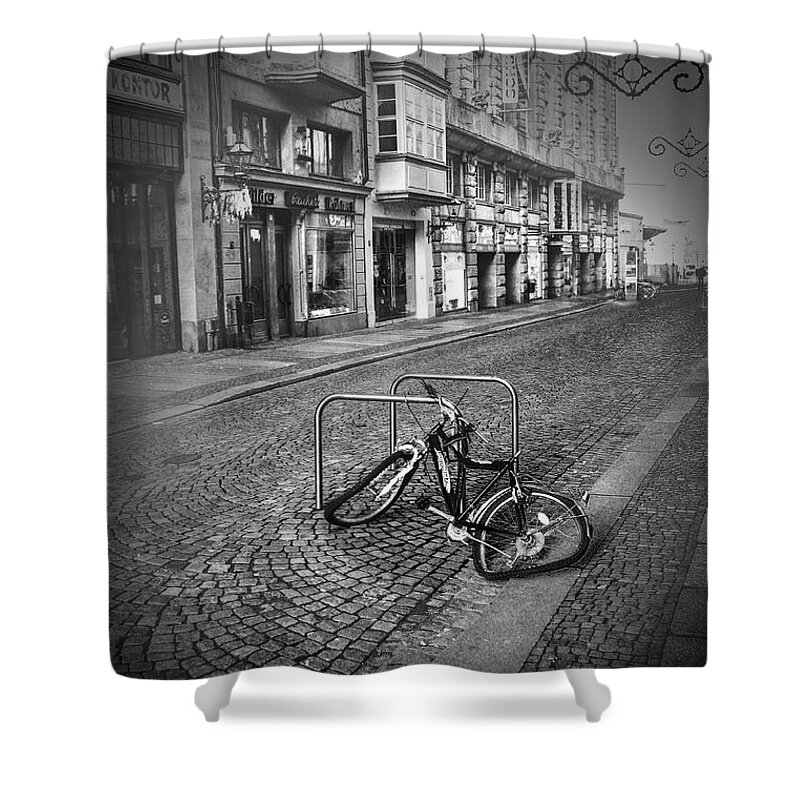 Leipzig Shower Curtain featuring the photograph A Broken Bicycle in Leipzig Germany by James C Richardson