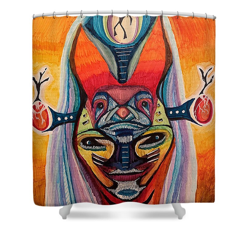 Cross Shower Curtain featuring the mixed media A Change in Character by Jeff Malderez