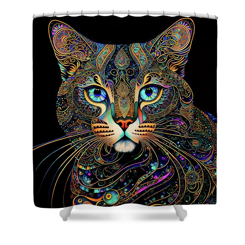 Tabby Cats Shower Curtain featuring the digital art A Colorful Tabby Cat Named Digger by Peggy Collins