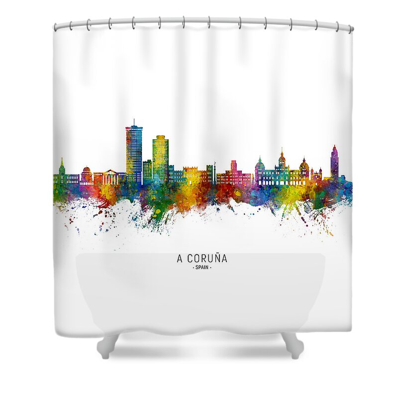 A Coruña Shower Curtain featuring the digital art A Coruna Spain Skyline #66 by Michael Tompsett