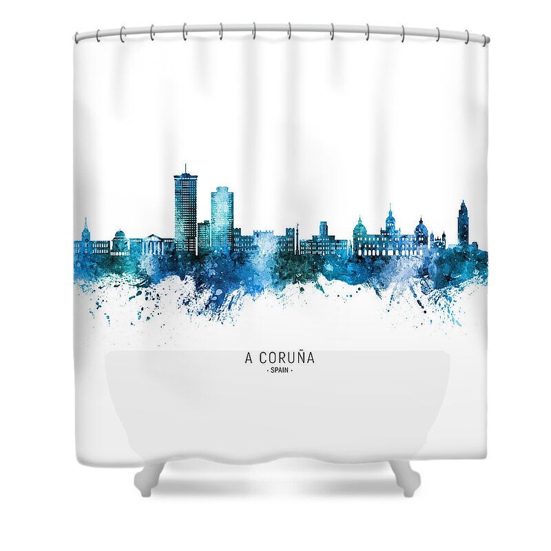A Coruña Shower Curtain featuring the digital art A Coruna Spain Skyline #75 by Michael Tompsett