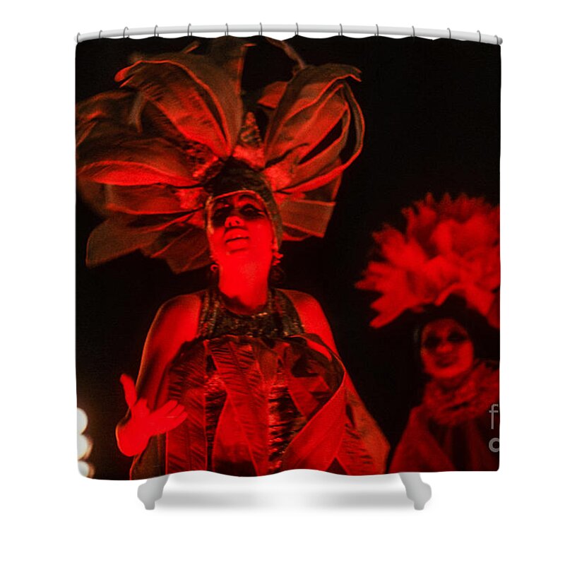 #soscuba Shower Curtain featuring the mixed media A Cuban beauty dances and sings at the 1970 Havana Carnival. Red on a black background. by Elena Gantchikova