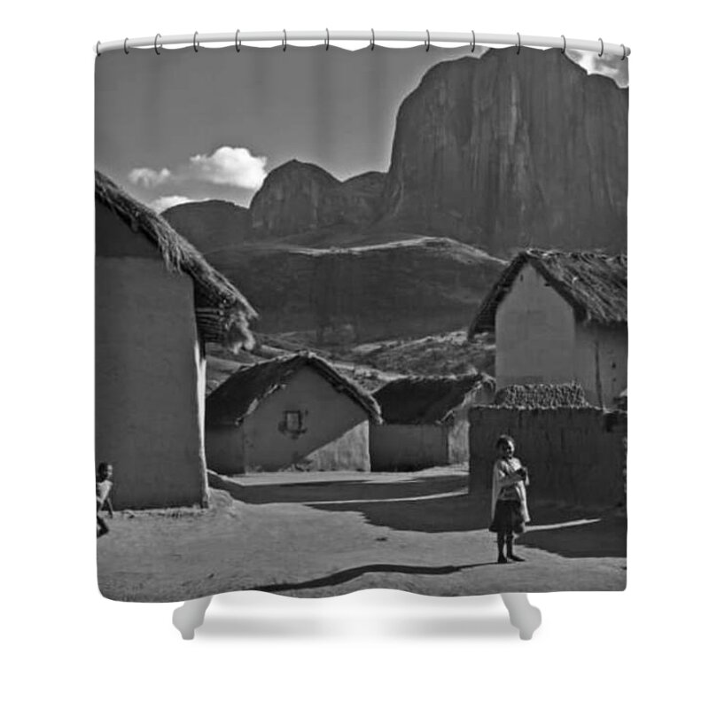 All Shower Curtain featuring the digital art A Dewelling in Baobab Alley in Madagascar Black and White KN60 by Art Inspirity