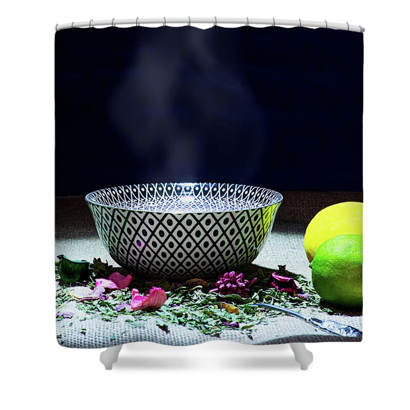 Tea Shower Curtain featuring the photograph A drinking bowl with tea and herbs. by Bernhard Schaffer