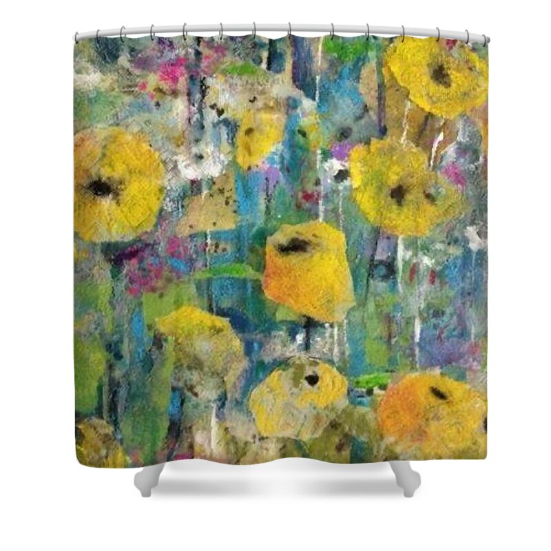 Sunshine Flowers Shower Curtain featuring the mixed media A Field of Sunshine by Eleatta Diver
