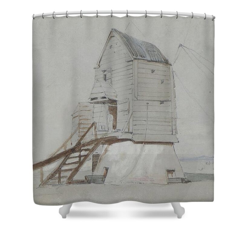 Poster Shower Curtain featuring the painting A Figure Beside A Windmill by MotionAge Designs