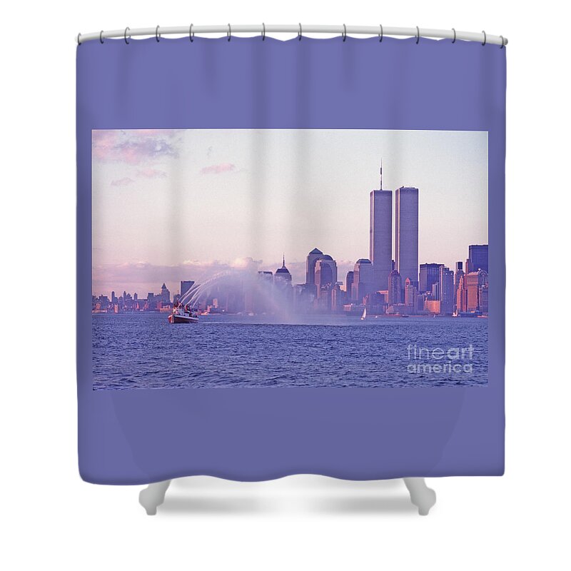 History Shower Curtain featuring the photograph A Fireboat Water Display In Front Of Twin Towers Of The World Financial Center. 1997 by Tom Wurl