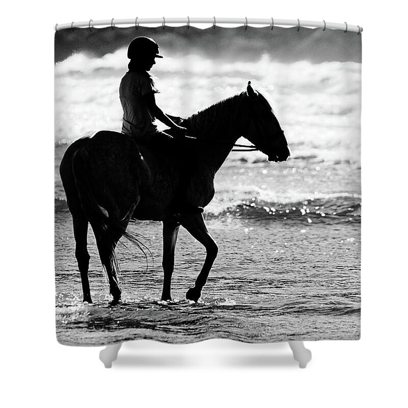 A Girl And Her Horse Shower Curtain featuring the photograph A Girl and Her Horse -- Girl Riding a Lusitano Horse on the Beach in Morro Bay, California by Darin Volpe