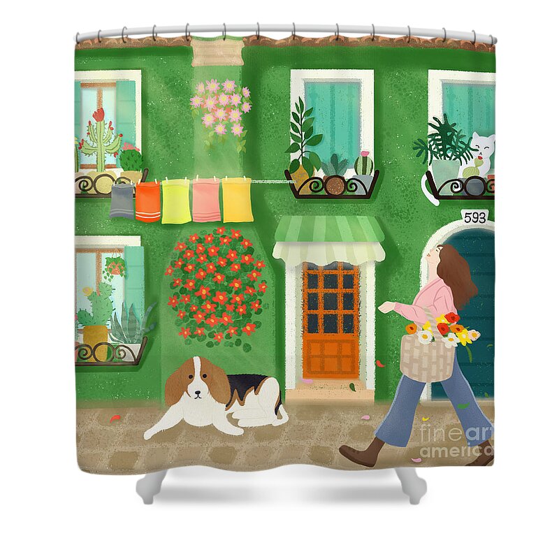 Houses Shower Curtain featuring the drawing A girl with a basket of flowers by Min Fen Zhu