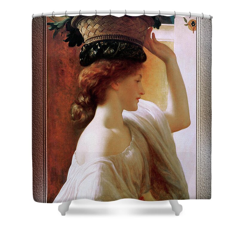 Girl With Basket Of Fruit Shower Curtain featuring the painting A Girl With A Basket Of Fruit by Lord Frederic Leighton by Rolando Burbon