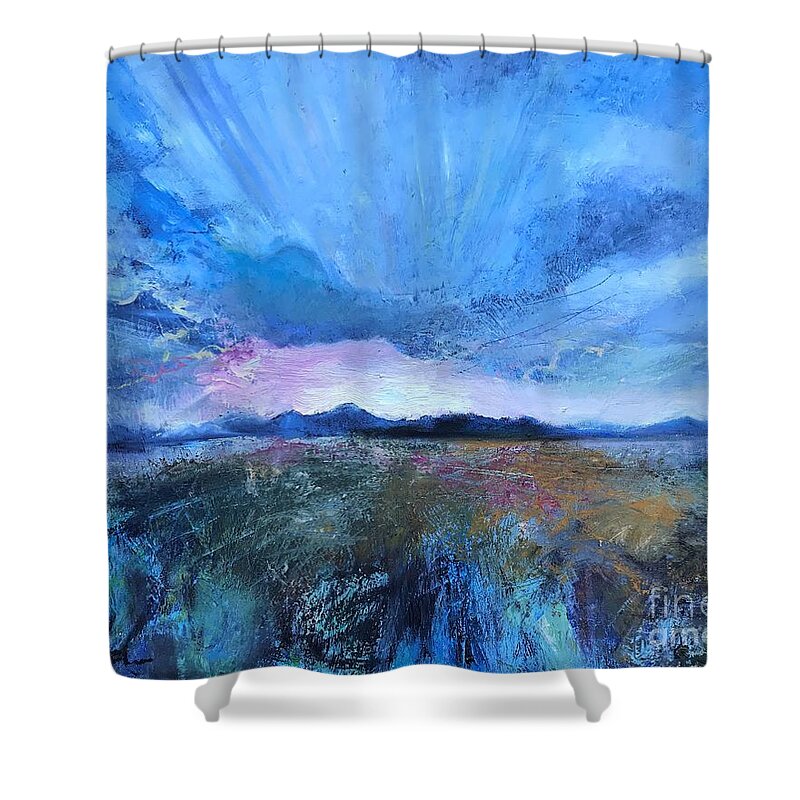 Landscape Shower Curtain featuring the painting A Hopeful Horizon by Robin Pedrero