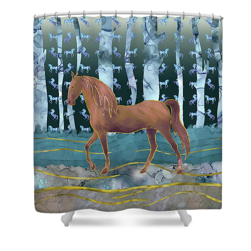 Horse Shower Curtain featuring the photograph A Horse in a Forest of Dreams by Andreea Dumez