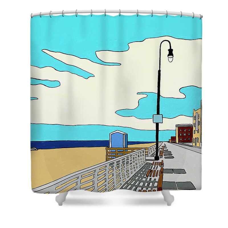 Long Beach Boardwalk Long Island Ocean Sand New York Beach Shower Curtain featuring the painting A Long Beach Morning by Mike Stanko