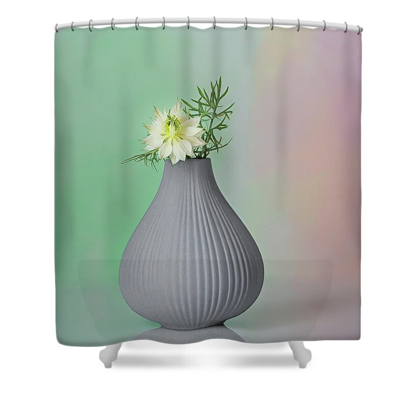Love In A Mist Shower Curtain featuring the photograph A Love in a Mist in its vase by Sylvia Goldkranz