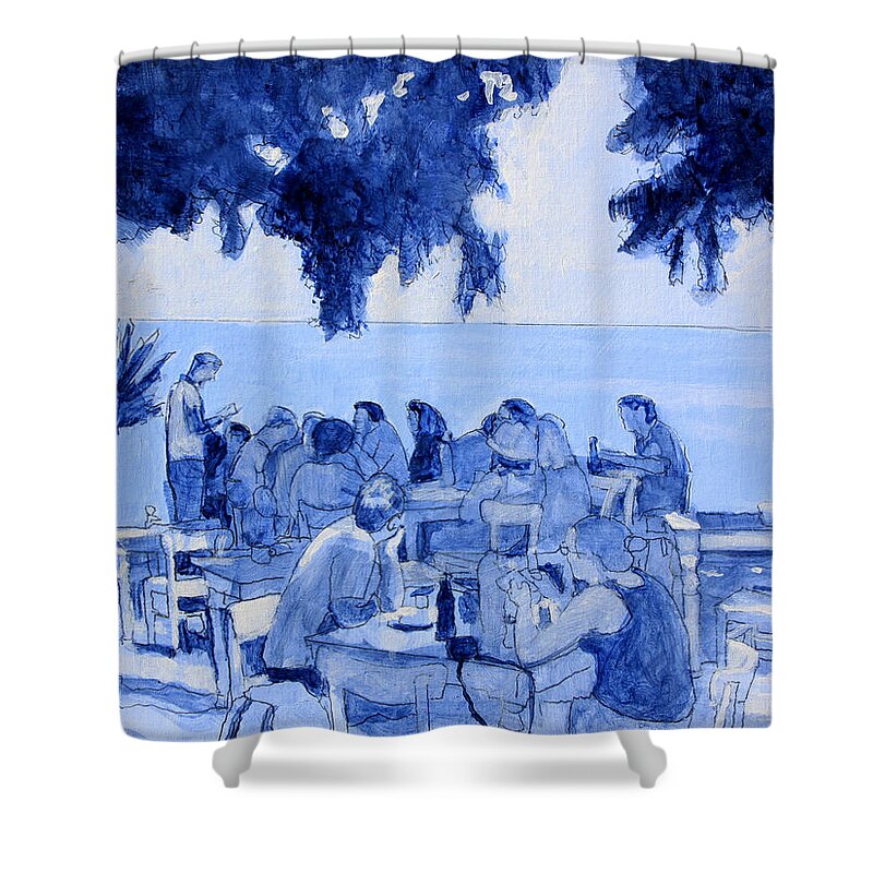 Dining Al Fresco Shower Curtain featuring the painting A Lunch in Crete by David Zimmerman