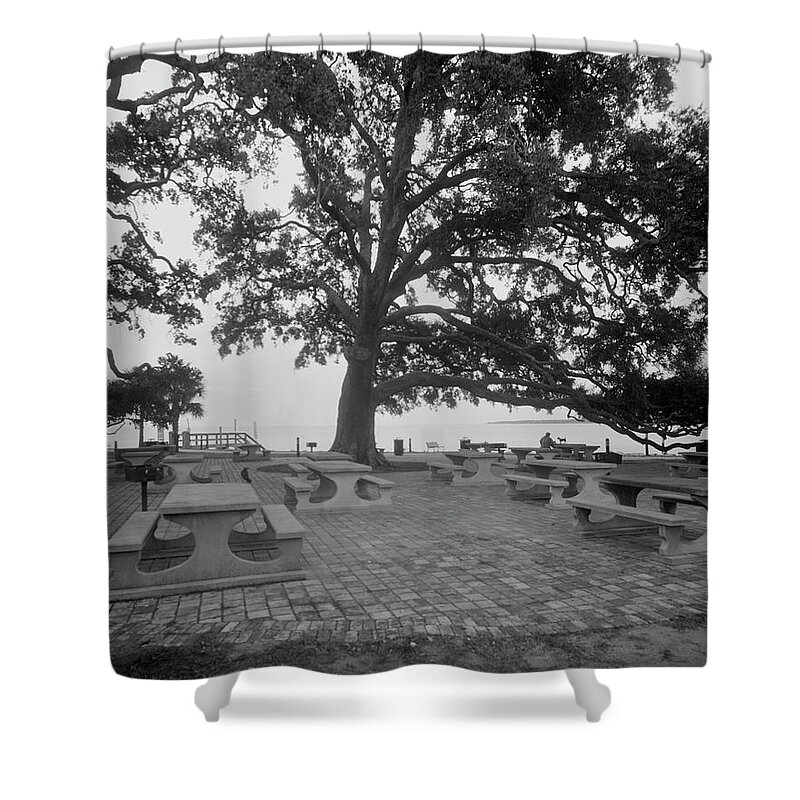 Atlantic Ocean Shower Curtain featuring the photograph A man and his dog in Neptune Park by John Simmons