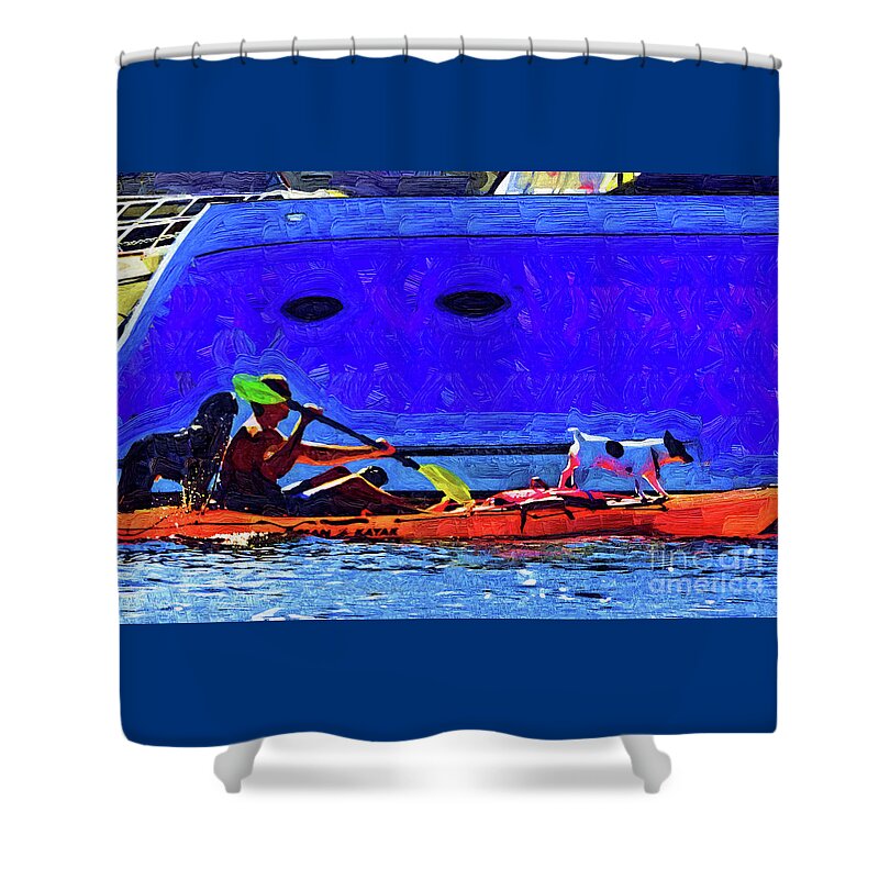 Kayak Shower Curtain featuring the painting A Man His Kayak and His Dogs by Kirt Tisdale