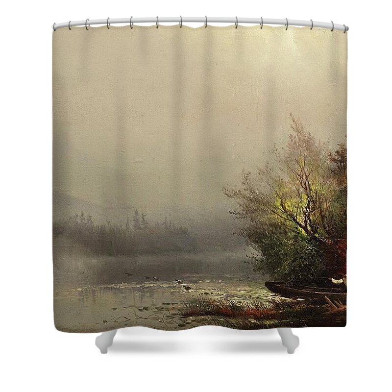 Architecture Shower Curtain featuring the painting A Misty Mountain Lake by Arthur Parton by MotionAge Designs