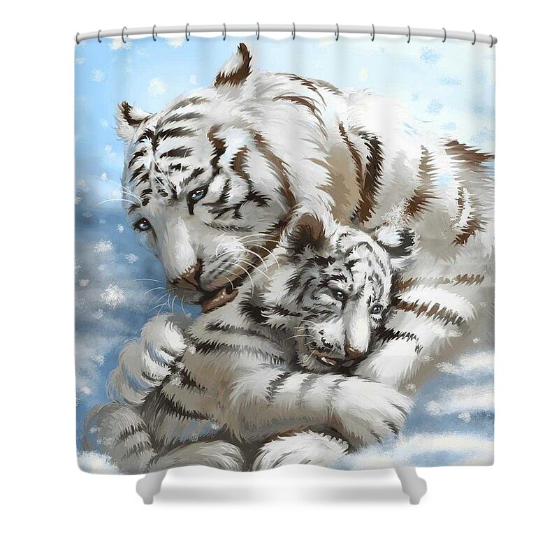 Tiger Shower Curtain featuring the painting A Mother's Love by Teresa Trotter