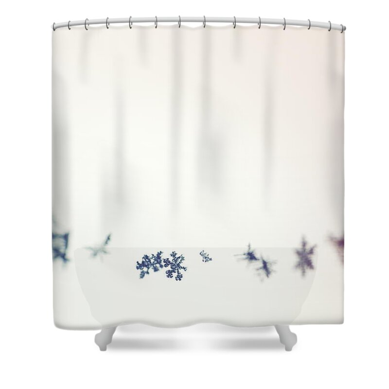 Abstract Shower Curtain featuring the photograph A natural Christmas decoration - snowflakes clinging to spider's thread by Ulrich Kunst And Bettina Scheidulin