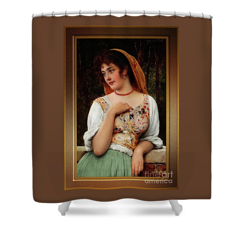 A Pensive Beauty Shower Curtain featuring the painting A Pensive Beauty by Eugen von Blaas Classical Art Reproduction by Rolando Burbon