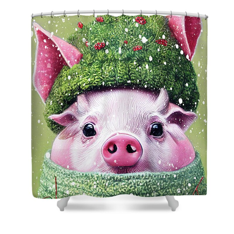 Pink Pig Shower Curtain featuring the digital art A Piglet Wearing His Pig Hat by Tina LeCour