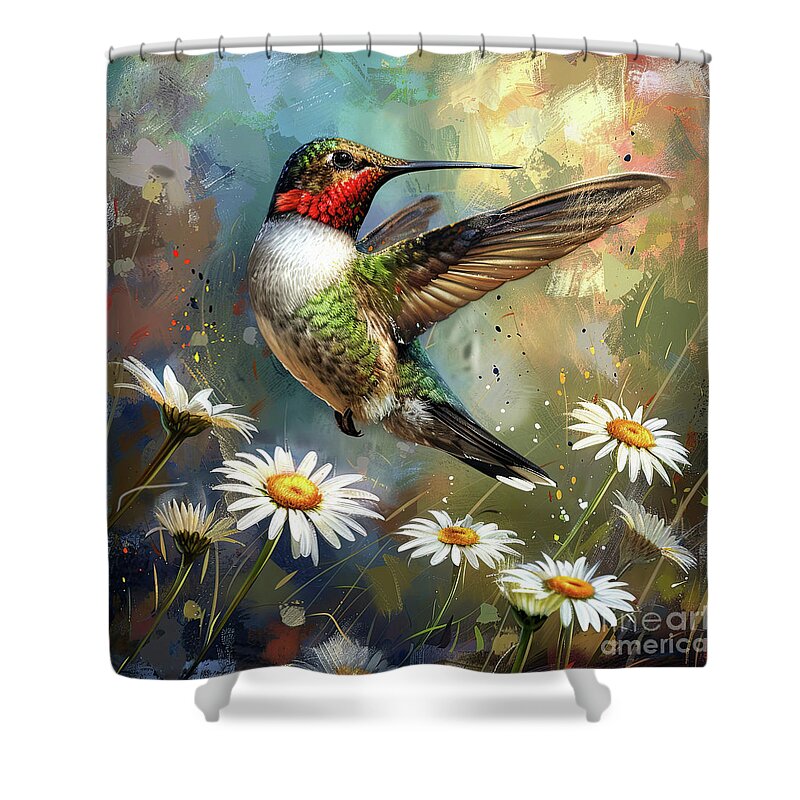 Ruby Hummingbird Shower Curtain featuring the painting A Real Stunner by Tina LeCour