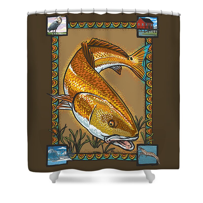 Redfish Shower Curtain featuring the digital art A Redfish Story by Kevin Putman