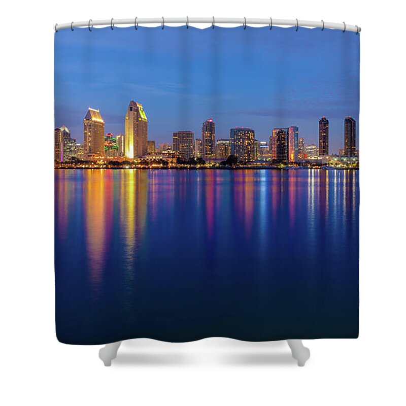 Beach Shower Curtain featuring the photograph A Rich Evening Colors of the San Diego Skyline by David Levin
