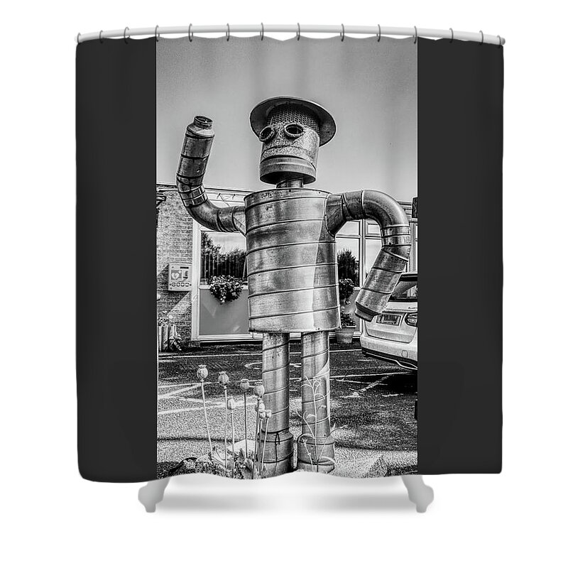 Robot Shower Curtain featuring the photograph A Robot outside Heywood Fire station, Manchester UK  by Pics By Tony