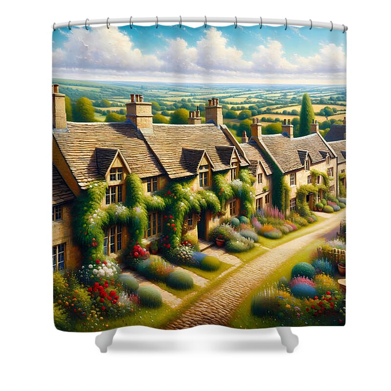 Panoramic Shower Curtain featuring the painting A rustic scene of vine-covered stone cottages in the Cotswolds, under a clear blue sky. by Jeff Creation
