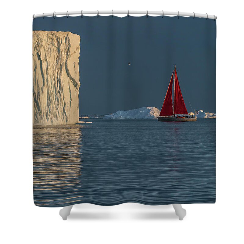 Sailboat Shower Curtain featuring the photograph A sailboat and an ice wall by Anges Van der Logt
