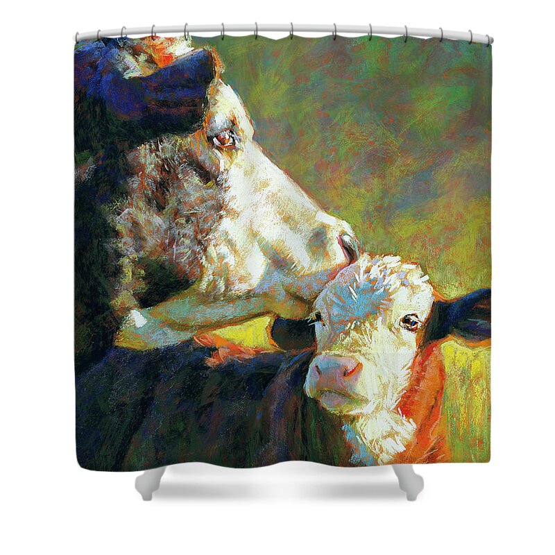 Cows Shower Curtain featuring the pastel A Soft Kiss by Rita Kirkman