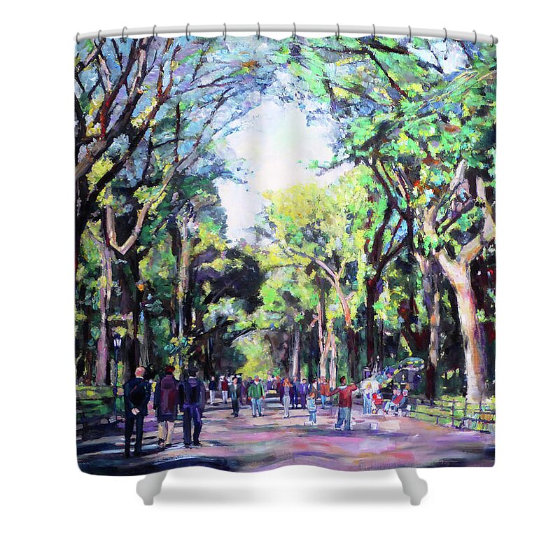 Central Park Shower Curtain featuring the mixed media A Stroll in Central Park by Sarah Ghanooni