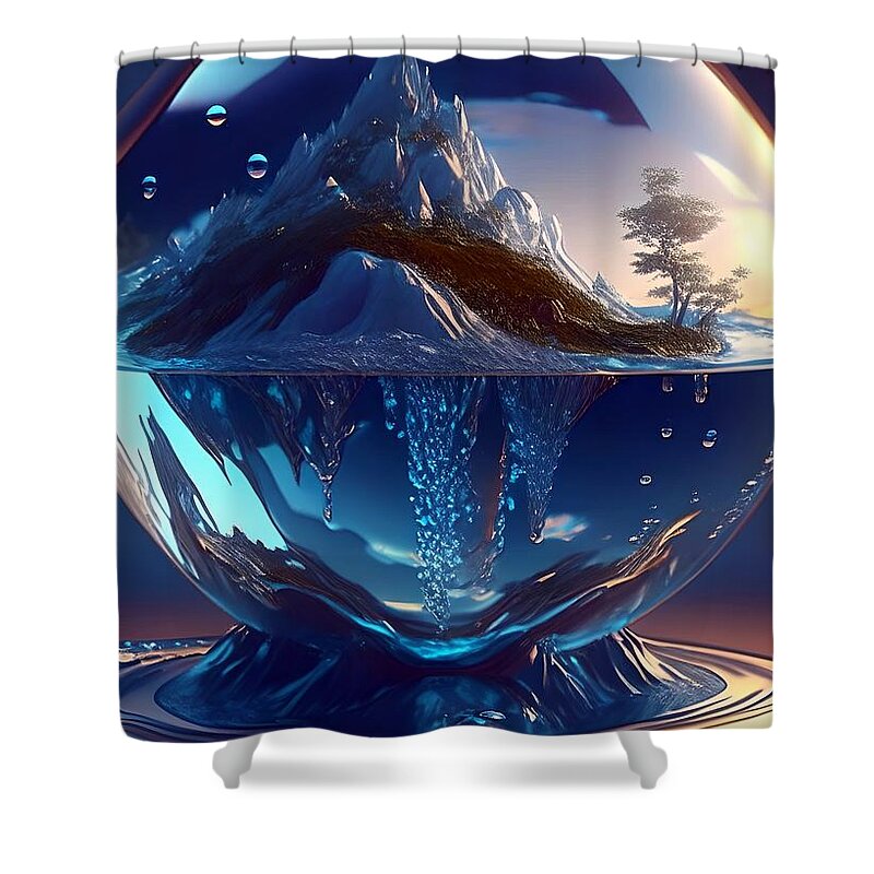Mountain Shower Curtain featuring the mixed media A Surreal Mountain Landscape Captured in a Liquid Sphere by Artvizual Premium