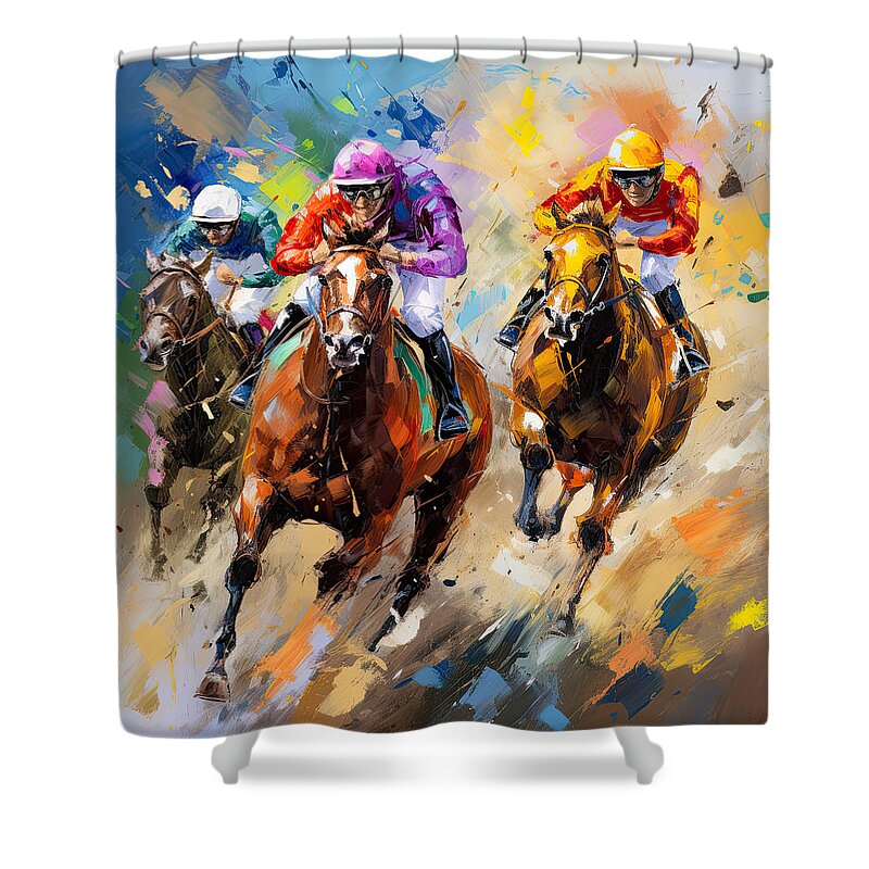 Horse Racing Shower Curtain featuring the painting A Symphony of Speed by Lourry Legarde