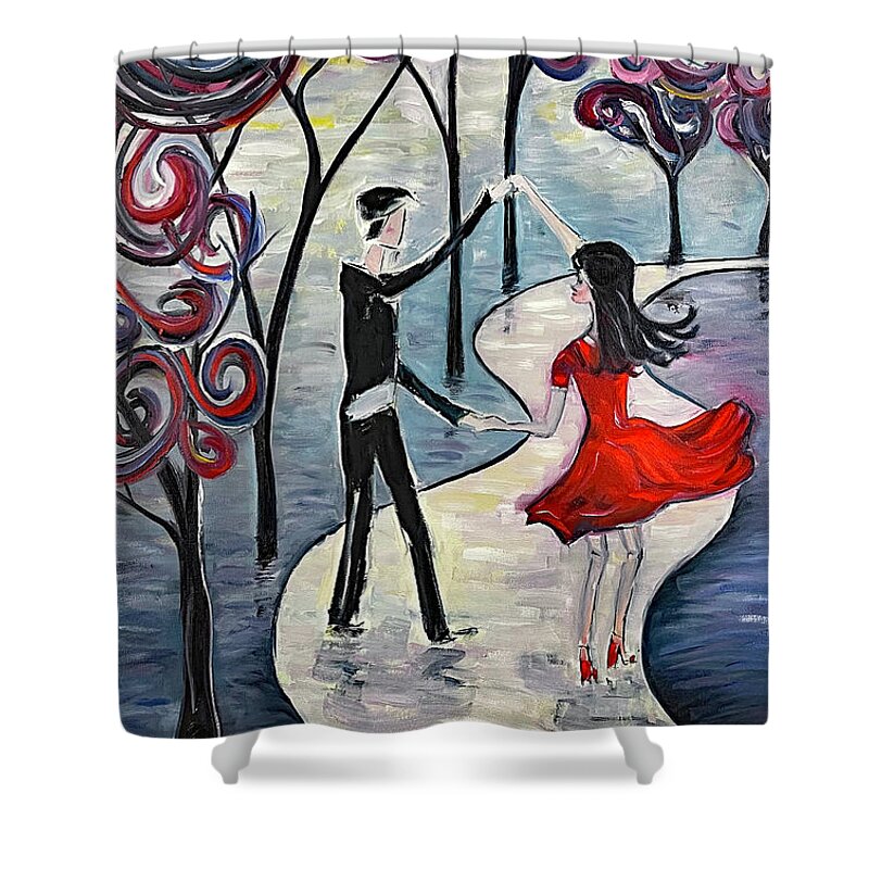 Romantic Couple Shower Curtain featuring the painting Dancing in the Moonlight by Roxy Rich
