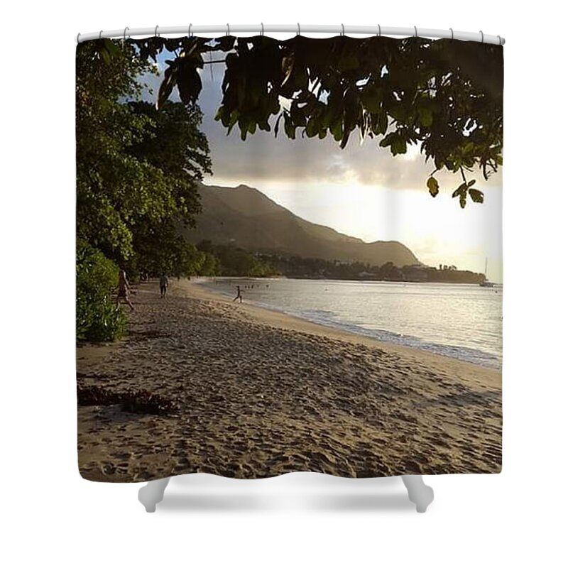 All Shower Curtain featuring the digital art A View of the Beach in Seychelles KN6 by Art Inspirity