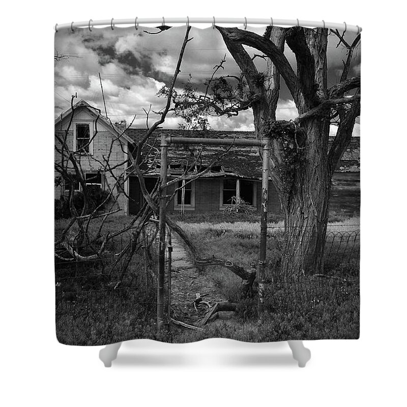 In Focus Shower Curtain featuring the digital art Abandon Ranch House B/W by Fred Loring