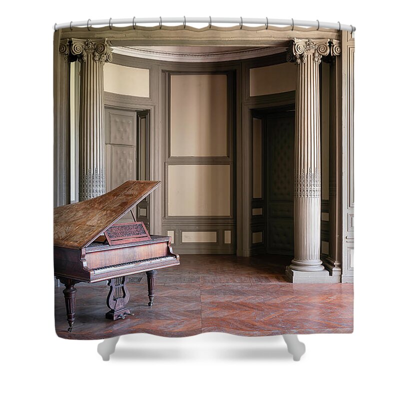 Abandoned Shower Curtain featuring the photograph Abandoned Piano in Beige Room by Roman Robroek