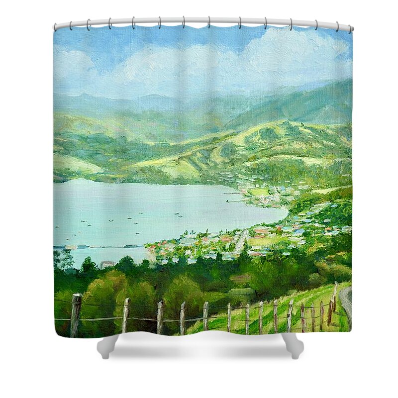 Harbour Shower Curtain featuring the painting Above Akaroa Harbour New Zealand by Dai Wynn